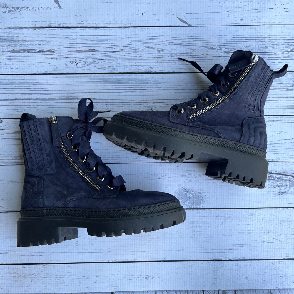 Ron White Navy Nubuck Leather Suede Boots Lug Sole Italy Luxury Designer $545
